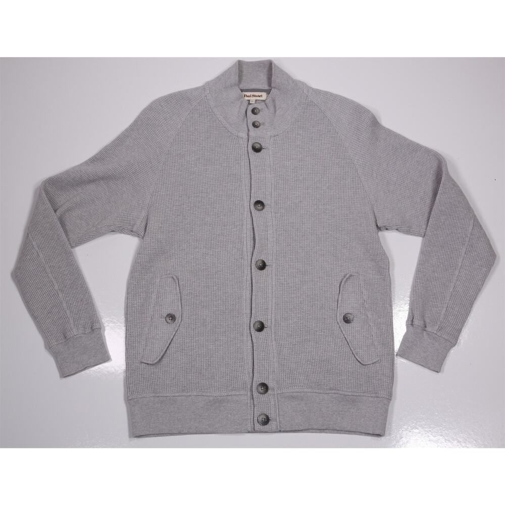 Paul Stuart Gray Waffle Knit Textured Button Front Cotton Sweater Mens Small